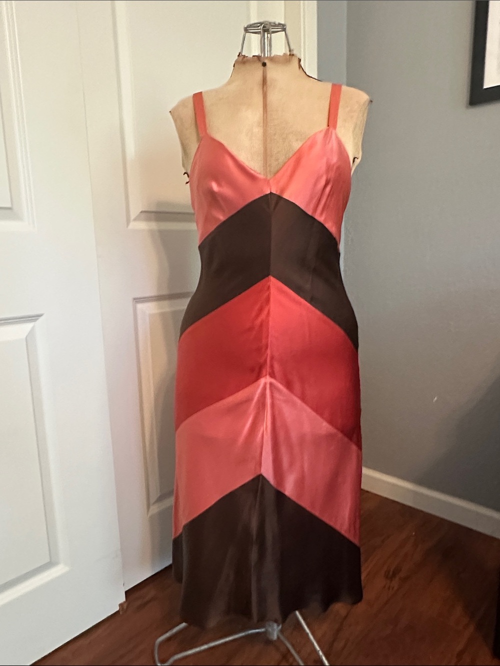 BCBGMaxAzria Chevron Slip Midi Dress in Coral and Chocolate